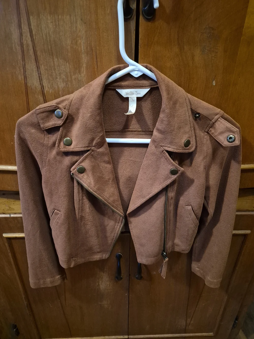 Matilda Jane Sueded Cropped Moto Jacket in Rust Brown